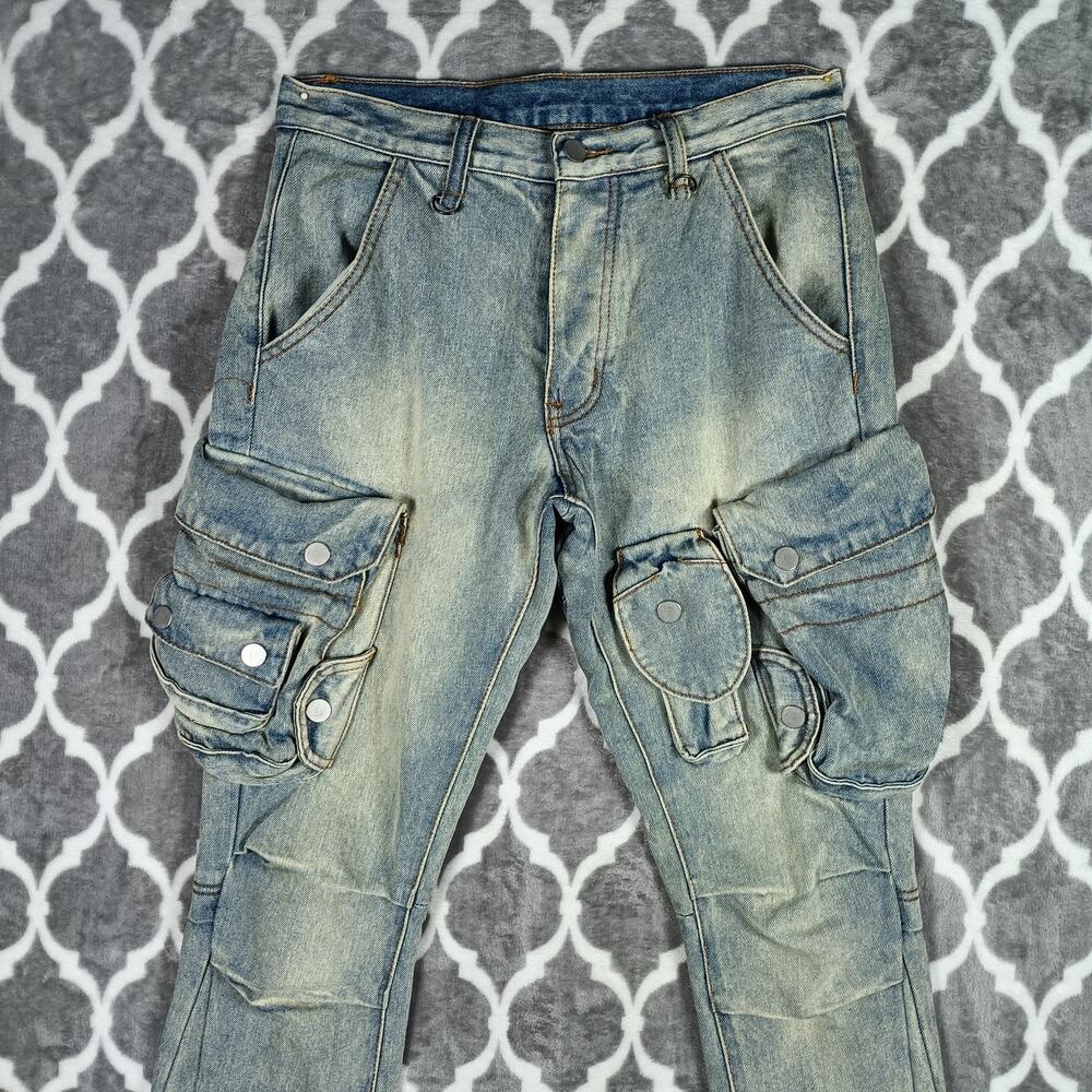 MNML Cargo Jeans‎ Men Sz 28 Stone Wash Multi Pocket M68 Streetwear Utility Denim